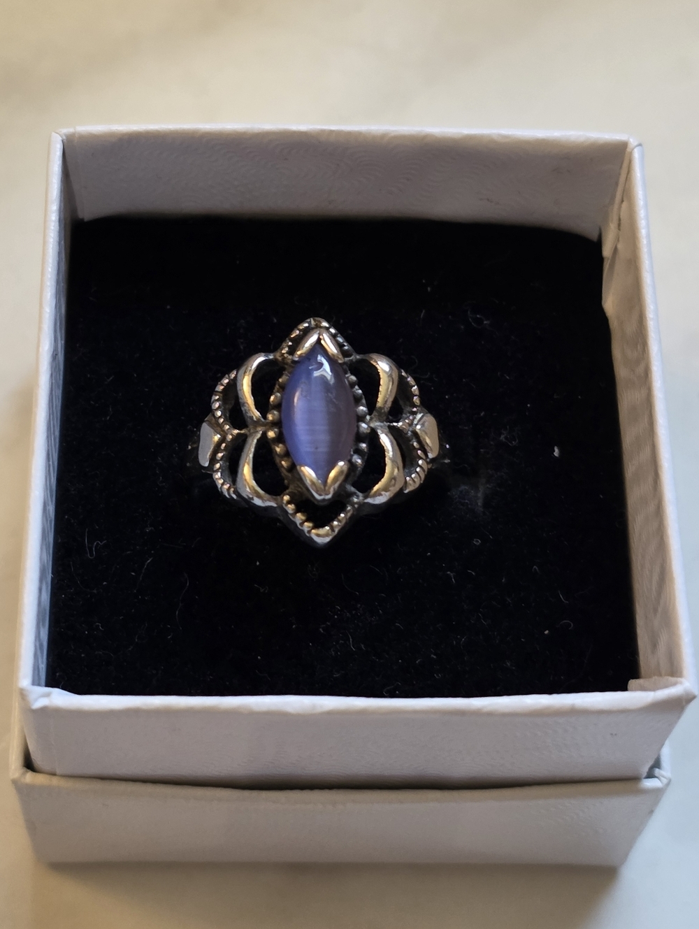 Silver Filigree Ring with Blue Cabochon